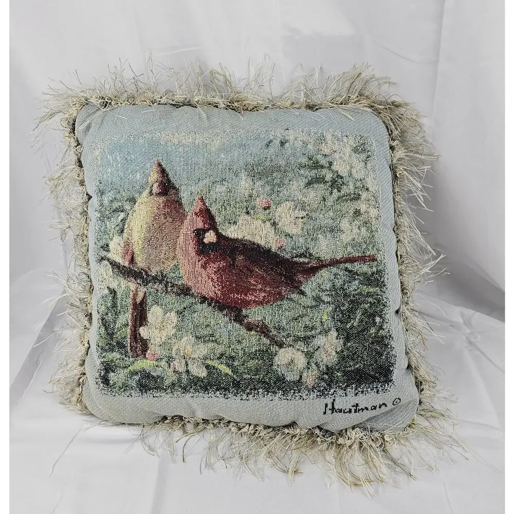 Gorgeous Tapestry Throw Pillow Features Winter Scene w/ 2 Cardinals on a branch‎
